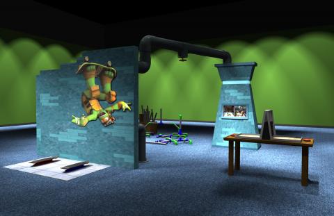 Preliminary concept digital model, Sewer Lair—Common Room.]